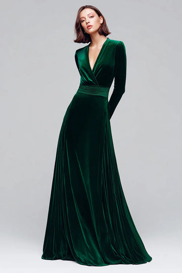 Dark Green A Line V Neck Velvet Holiday Party Dress With Long Sleeves
